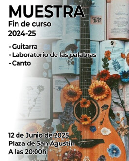 Cartel Muestra Fin de Curso 2024-2025 de la Universidad Popular de Almansa donde se presentó el libro titulado “El laboratorio de las palabras”, resultado del curso impartido por Esther Abellán con la colaboración de Mariano Sánchez Soler. 